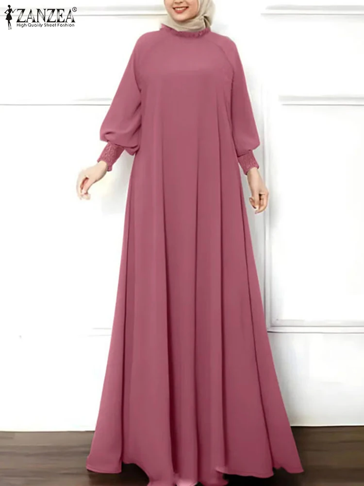 zanzea islamique hijab élégant robes mode musulmane froncé manchette femmes à manches longues maxi robe solide à volants col rond abaya robes