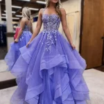 Robe de bal en Tulle à paillettes, épaules dénudées, avec des appliques en dentelle, à plusieurs niveaux, longue robe de bal à volants pour femmes