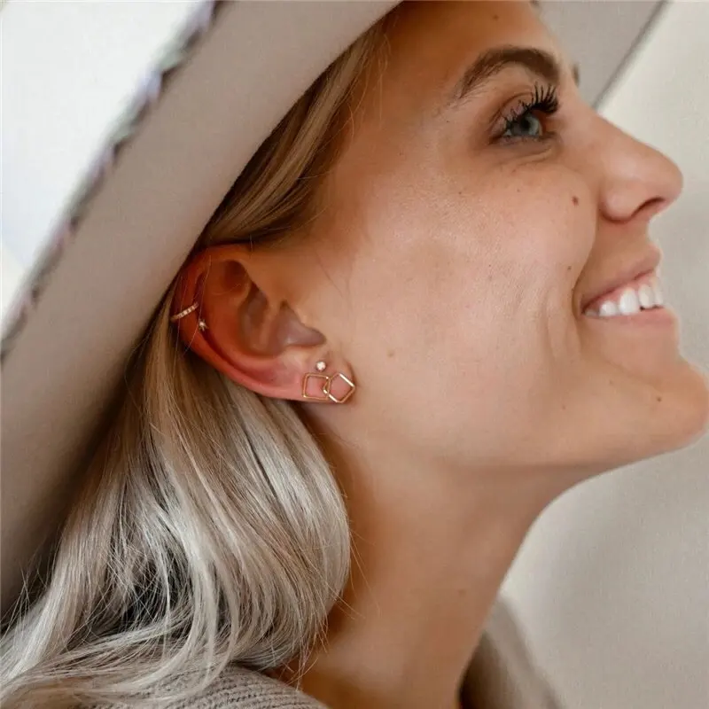 Boucles d'oreilles carrées en or 14K 8mm pour femmes, bijoux minimalistes, style Boho