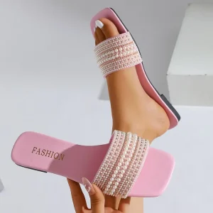 Sandales à fond plat pour femmes, chaussures d&rsquo;été à strass perlés, nouveau Style, pantoufles d&rsquo;extérieur à la mode, 2025