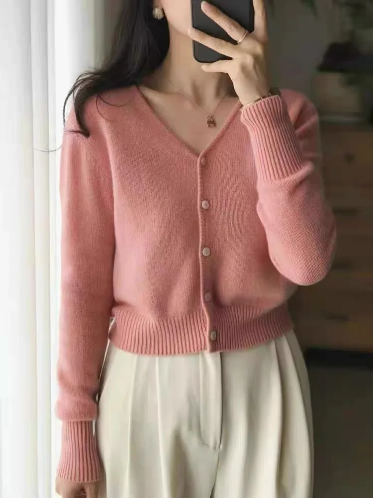 cardigan court en cachemire pur 100 pour femmes, haut à col en v d'automne, manteau tricoté élégant de style européen