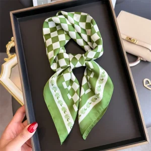 Luxe femmes soie Hijab écharpe Bandana enveloppement blanc vert grille concepteur carré foulards Foulard châle Foulard bandeau de cheveux Foulard