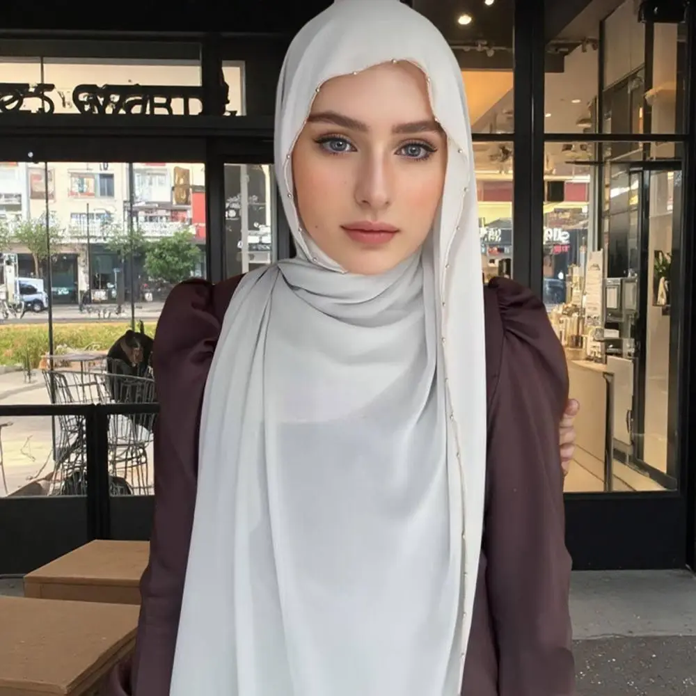Mode élastique coloré perlé foulard respirant Hijab imprimé queue Turban Style indien couleur unie en mousseline de soie grand châle hommes