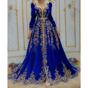 Robes de soirée musulmanes caftan marocain bleu, manches longues, appliques, Dubaï, arabe, Turquie, Caftan Abaya, robe islamique personnalisée