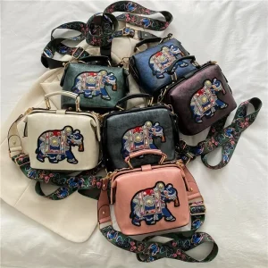 Sac à Main en Cuir Brodé d&rsquo;Éléphant pour Femme, Sacoche de Luxe de Styliste à Bandoulière