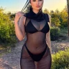 robe longue à capuche pour femmes, cover up de plage, transparente, en maille, sans manches, une pièce, vêtements y2k, noire