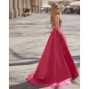 robe de soirée exquise personnalisée, col en v, ligne a, longueur au sol, robe de bal fuchsia, avec des appliques en satin avec poche