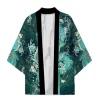 kimono de samouraï traditionnel japonais pour hommes et femmes, cardigan ample vert imprimé dragon anime, manches 3/4, chemise harajuku haori coaplay