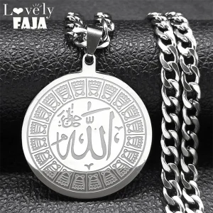 Collier Hip Hop en Acier Inoxydable pour Homme et Femme, Bijou Musulman Islamique, avec Dieu Arabe, Document Argenté, Rond, pour la raq, N2933S03