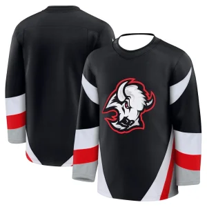 Maillot de hockey – Noir avec accents rouges/blanches/grises Logo tête de bison agressif couche de base confortable pour l&rsquo;automne et l&rsquo;hiver