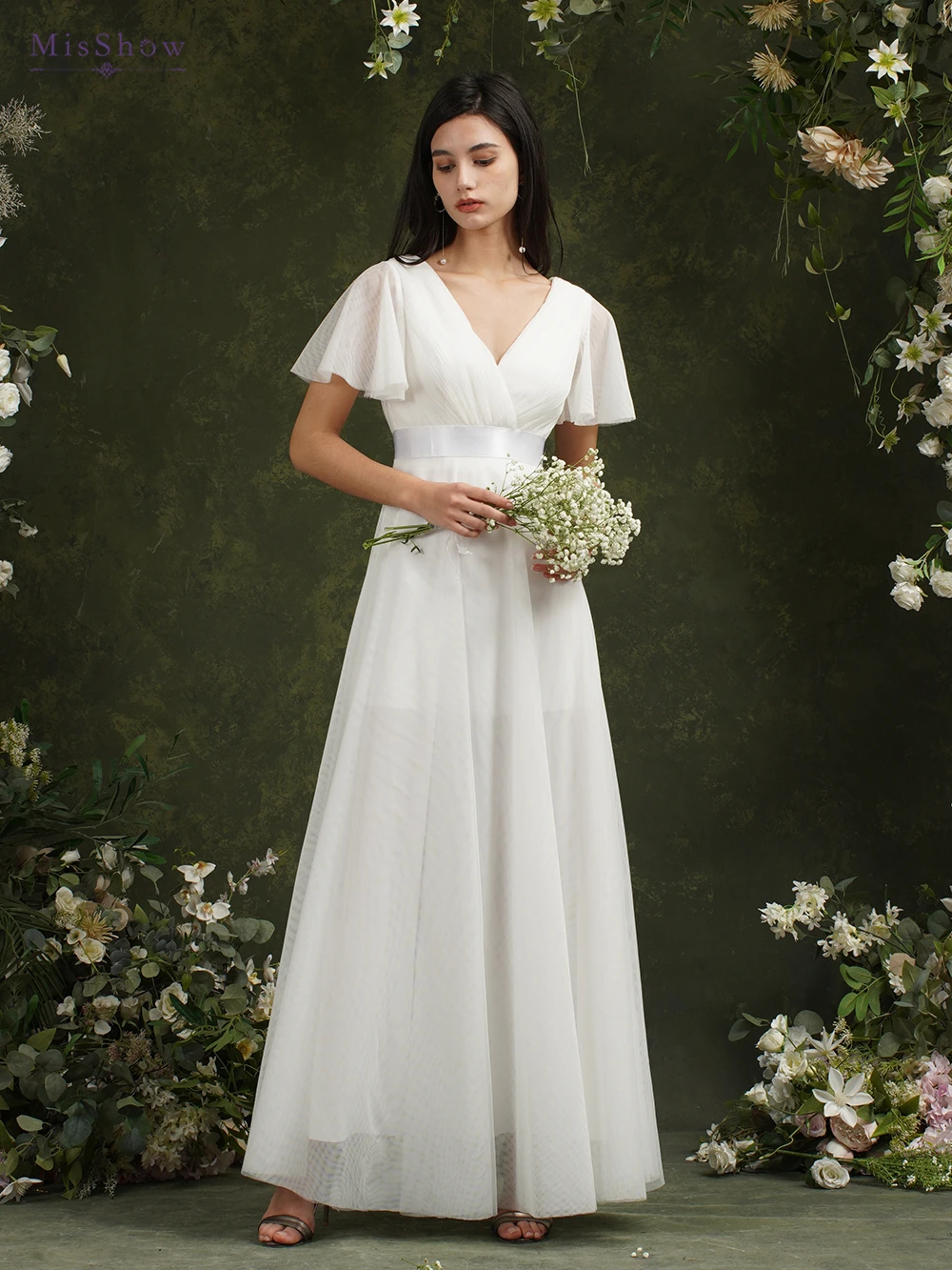 robe de mariée ivoire à manches courtes pour femme, ligne a, col en v, plissé, tulle, dos ouvert, bal de promo, tout ce qui est avec ceinture
