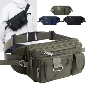 Un sac de taille unisexe pratique en tissu nylon avec plusieurs poches pour le sport, la course et un usage élégant, idéal pour les voyages et les affaires