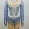 strass scintillants sexy manches longues gland perles une pièce combinaison courte tenues dancewear femmes scène performance body