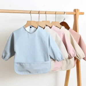 Bavoirs d&rsquo;alimentation pour bébés de couleur unie, à manches longues, pour nourrissons garçons et filles, tabliers faciles à nettoyer, gommes artistiques imperméables pour enfants