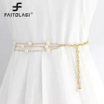 Ceinture longue et fine en perles multicouches pour femmes, élégante chaîne de corps en métal doré, décor de robe, bandes de taille réglables