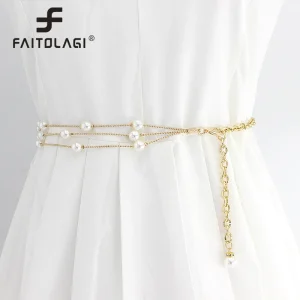 Ceinture longue et fine en perles multicouches pour femmes, élégante chaîne de corps en métal doré, décor de robe, bandes de taille réglables