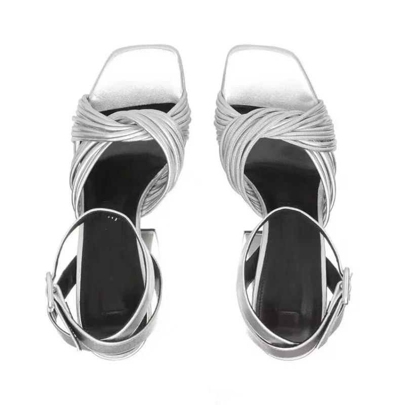 Sandales argentées de style minimaliste européen et américain pour femmes, chaussures d'été imperméables, plate-forme droite, ceinture, talon strucoptique, chaussures simples