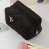 trousse de maquillage portable noire, grande capacité, pochette matelassée avec nœud rose, sac à main pour dames, sac de rangement de toilette de voyage