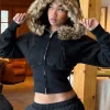 veste à capuche patchwork pour femme, manteau court avec fermeture éclair à la taille, à la mode, polyvalent, de rue, nouvelle collection automne hiver