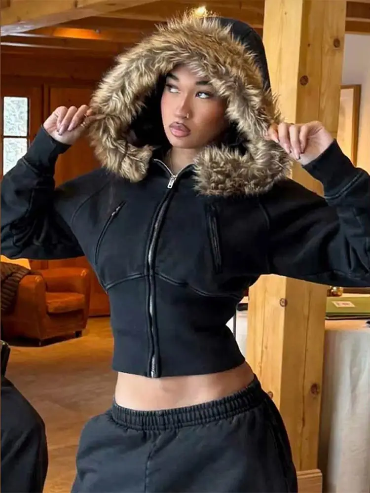 veste à capuche patchwork pour femme, manteau court avec fermeture éclair à la taille, à la mode, polyvalent, de rue, nouvelle collection automne hiver