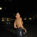 Paillettes dentelle garniture Spaghetti sangle robe panneau Sexy col en V profond sans manches ourlet asymétrique robe moulante soirée dame robe de soirée