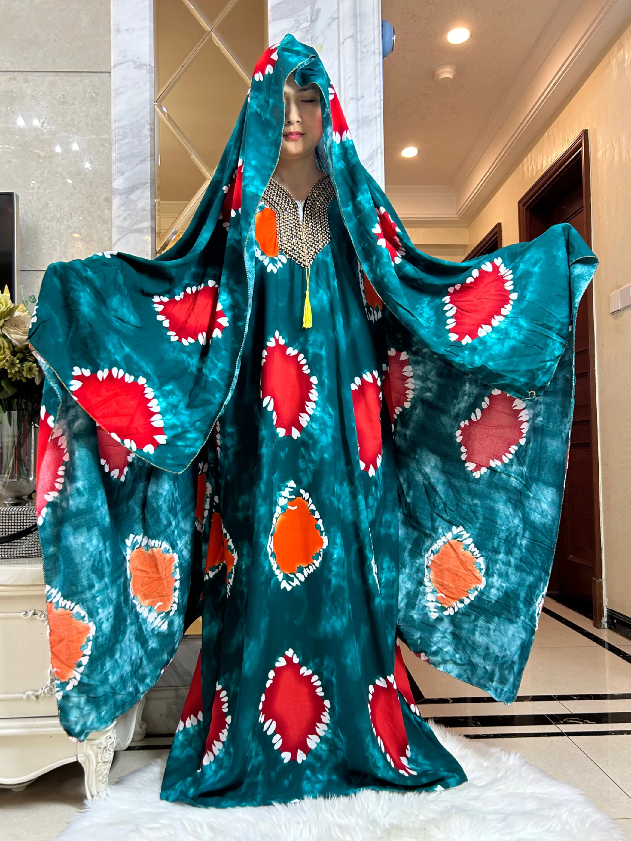Abayas Musulmanes pour Femme, Ensembles de Mode Ramadan, Boubou en Coton Imprimé Floral, Robe Femme avec Écharpe Surdimensionnée 2025x210 cm, 150