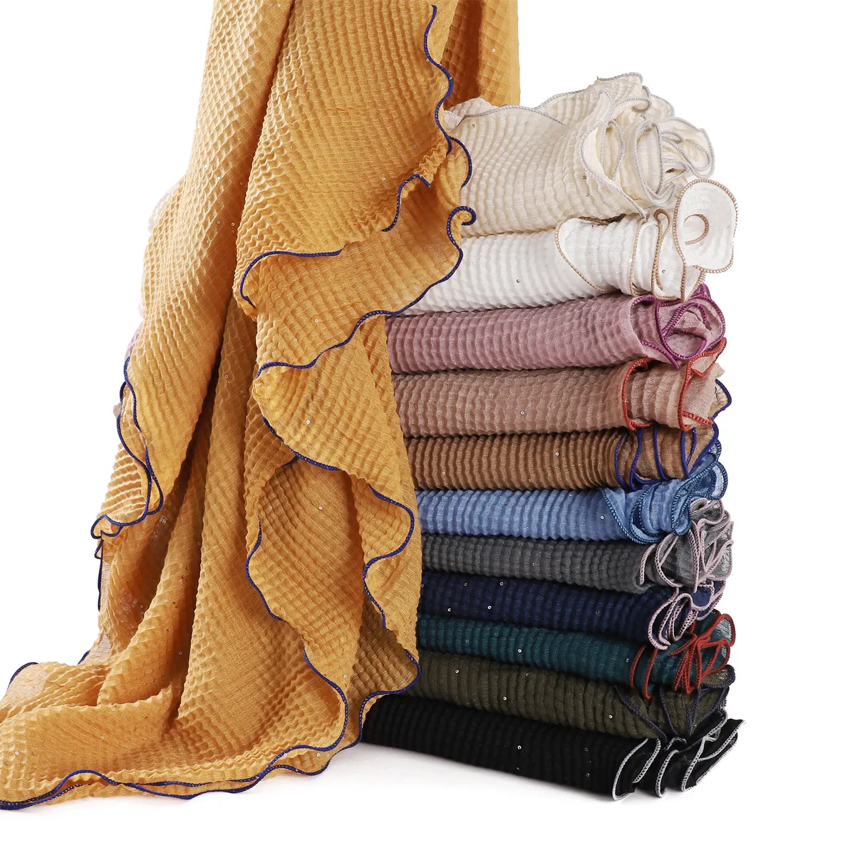 Nouveau Hijab plissé Mori froissé Plaid paillettes écharpe châle vague bord châle musulman foulard enveloppement châles Turban islamique pour les femmes Nouveau Hijab plissé Mori froissé Plaid paillettes écharpe châle vague bord châle musulman foulard enveloppement châles Turban islamique pour les femmes