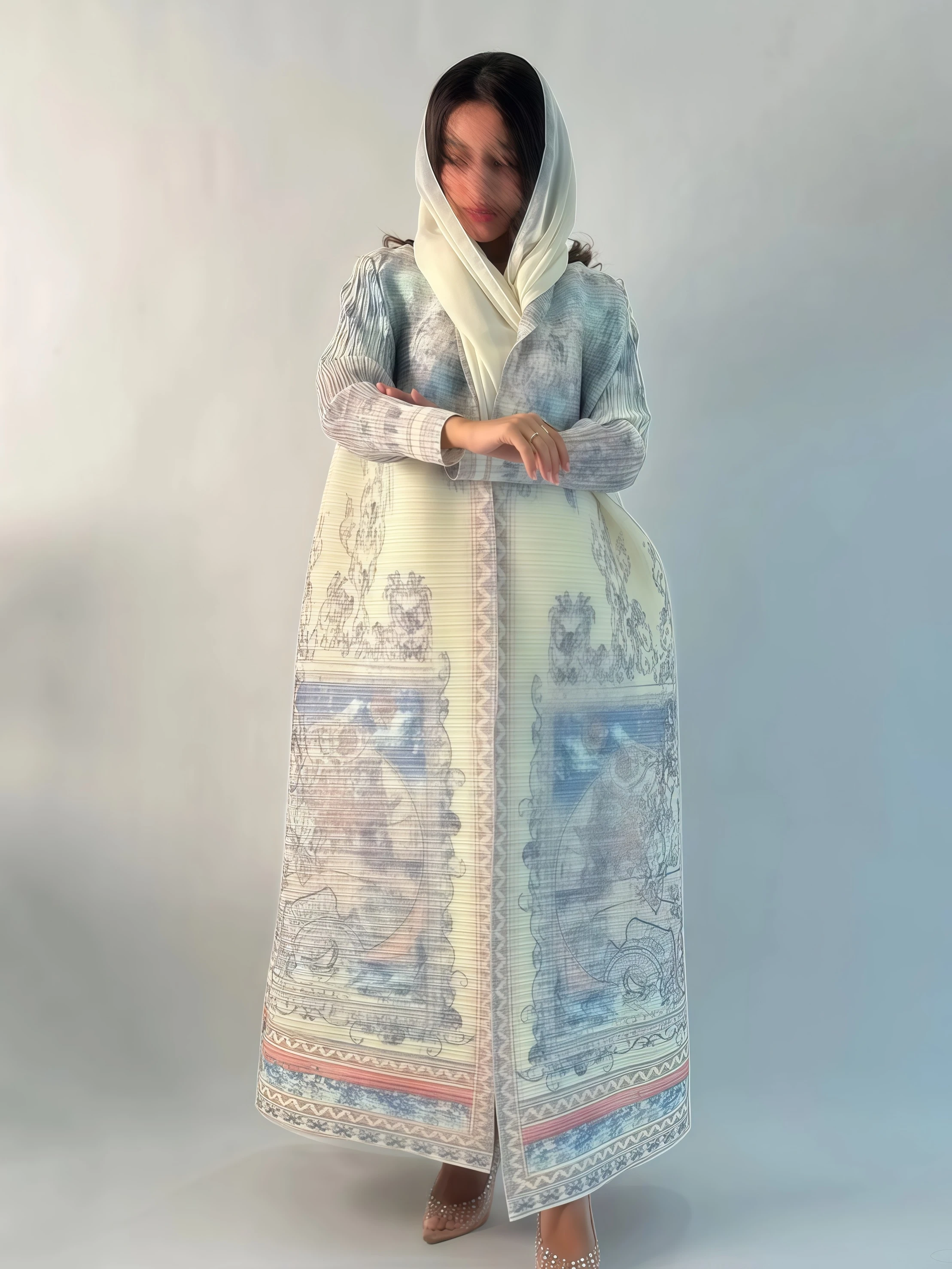 Ata Yake-Robe plissée à manches longues pour femme, manteau cardigan, col pliable, imprimé Abaya, design original, mode, hiver, nouveau, 2024