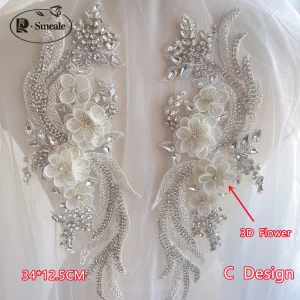 Appliques en strass pour robe de mariée, épaules, blanc, cousues à la main, perceuse en verre, fleurs miroir, scintillantes, patch DIY, 1Pai