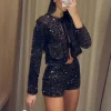 veste courte à paillettes pour femme, ensemble à lacets, col rond, manches longues, manteaux, taille haute, short droit, paillettes chic, nouveaux ensembles pour femmes
