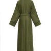 abaya à rayures vertes avec détail de ceinture, adapté aux tendances de la mode au qatar saoudien et les sorties quotidiennes modestes islamiques, rassemblement décontracté