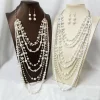 ensemble collier et boucles d'oreilles multicouches en perles simulées pour femmes, long collier, bijoux à la mode