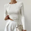 t shirt manches longues col rond femme, couleur unie, buste fendu, nouveau haut, printemps automne