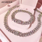 Collier chaîne à maillons cubains Miami pour femmes, couleur argent, 14mm, strass glacés à 2 rangées, ras du cou carré à maillons cubains, bijoux