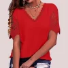 lâche col en v à manches courtes dentelle patchwork blouse femmes t shirt style décontracté haut bureau dame élégant simple à manches courtes pull t shirt