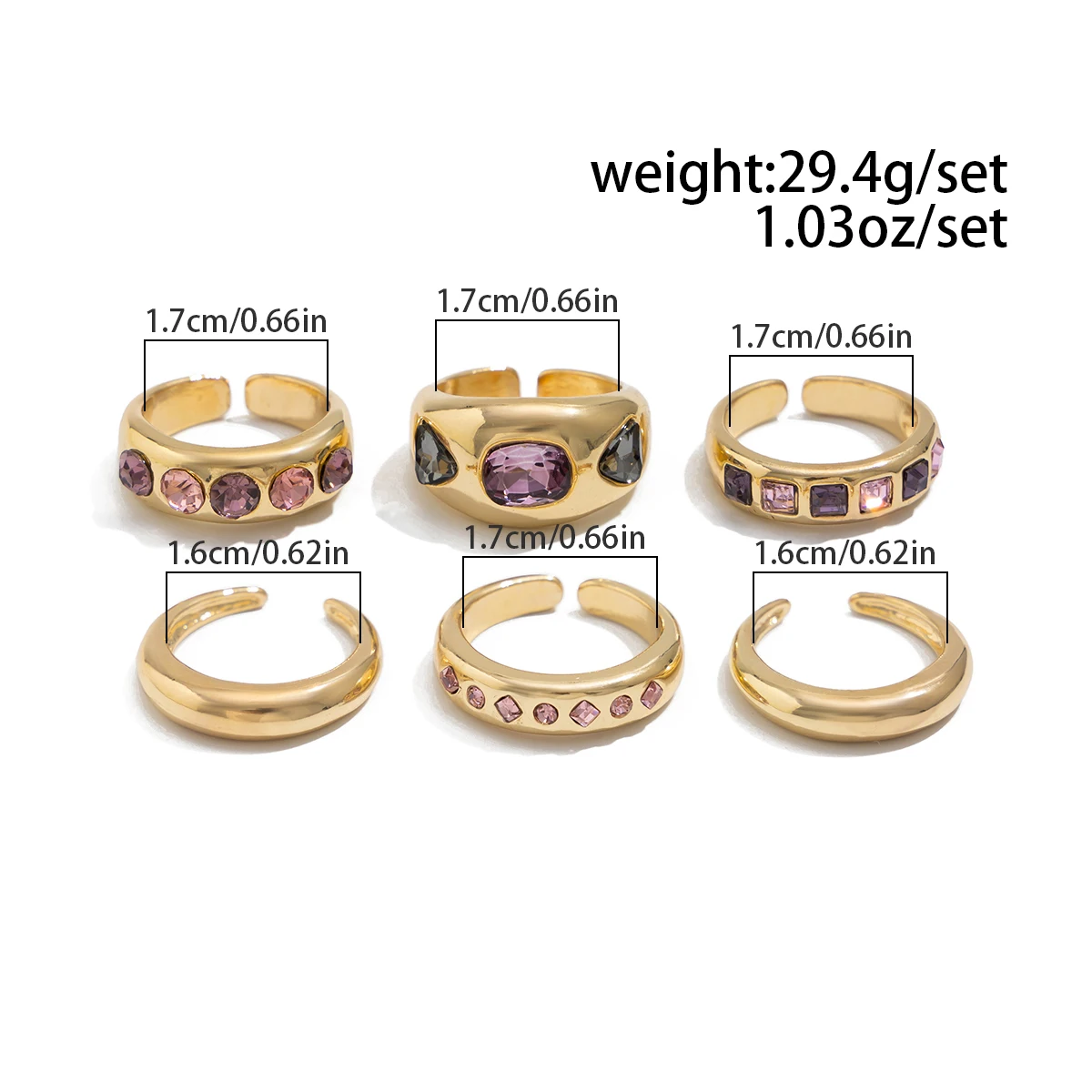 salircon 6 pièces/ensemble incrusté de zircon violet ensemble de bagues d'ouverture réglable femmes bague de couleur or lisse pour femme bijoux quotidiens cadeau