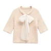 Cardigan court pour femme, pull en tricot avec nœud Beige, col rond, haut Vintage Y2k, manches courtes, automne