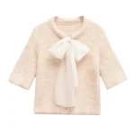 Cardigan court pour femme, pull en tricot avec nœud Beige, col rond, haut Vintage Y2k, manches courtes, automne