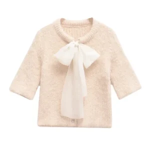 Cardigan court pour femme, pull en tricot avec nœud Beige, col rond, haut Vintage Y2k, manches courtes, automne