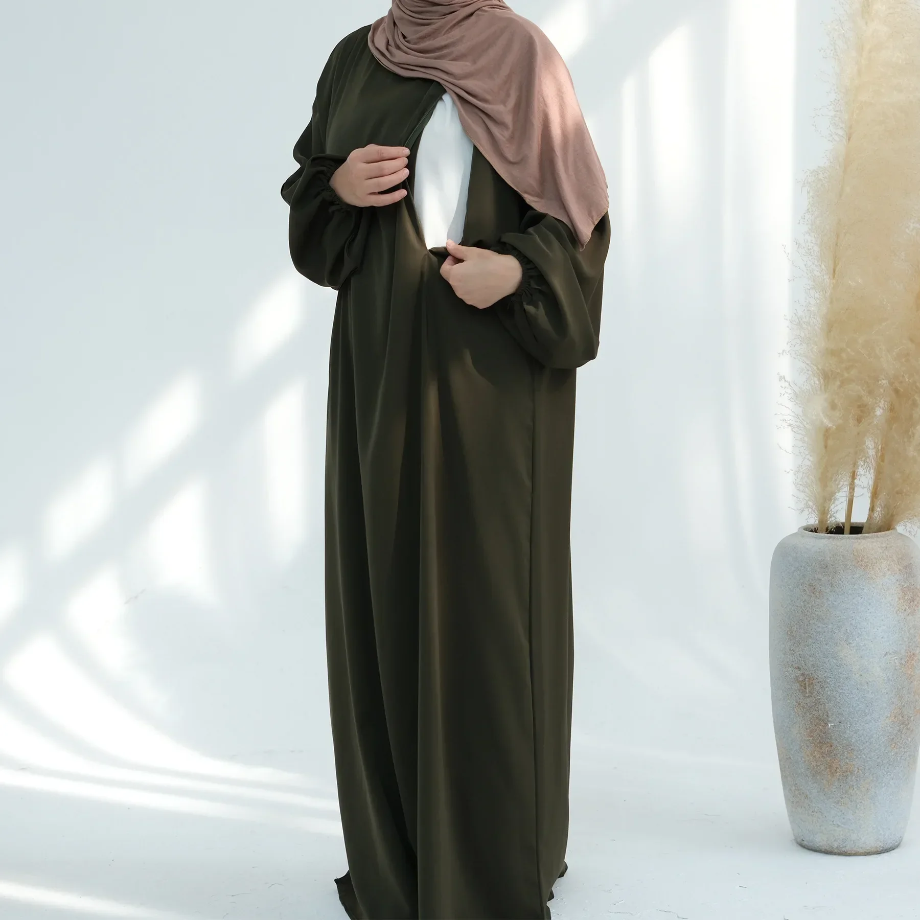 robe abaya d'allaitement douce pour femme, vêtements islamiques, manches bouffantes, fermeture éclair latérale sur le devant, robes modestes, nida