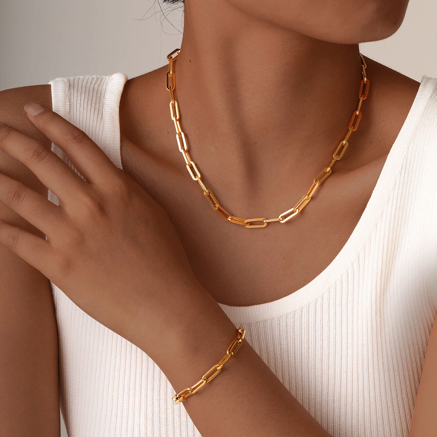 Collier en or minimaliste pour femme, bracelet trombone épais, bijoux imperméables, acier inoxydable, cadeau Hip Rock, document JONecklace