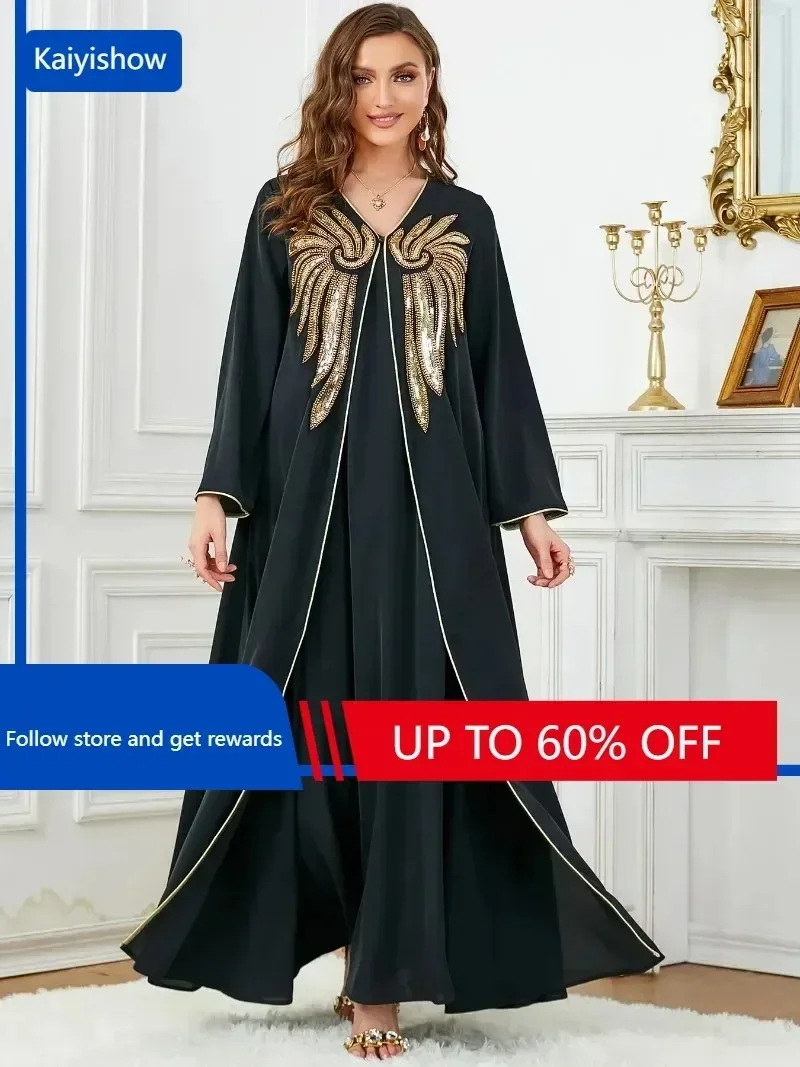 abaya perlée pour femme, robe longue islamique brodée, robes de soirée musulmanes, caftan marocain noir, ramadan dubaï, 2 pièces