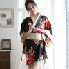 Kimono japonais pour femmes, Robe de bain, vêtements de nuit, col en v, imprimé floral, nœud, taille façonnant, Mini Robe ample, manches longues, Robe de nuit