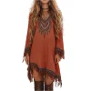 robe de plage ample et décontractée pour femmes, tenue ethnique à franges, longueur aux genoux, col en v, manches longues, vintage, style cowboy occidental