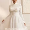 robe de mariée arabe personnalisée, col haut, manches longues, avec des appliques de perles, jupe trapèze en organza, robe de mariée musulmane arabe