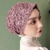 casquettes turban musulmanes en dentelle avec perles pour femmes, couvre sauna, bonnets d'été, turban islamique à tête ronde, chapeau d'église, hijab brodé de fleurs