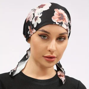 Hijab musulman pour femme, écharpe de tête pour la perte de cheveux, chapeau de chimio, turban à fleurs noires, bandana rond pré-noué, vêtements de sauna