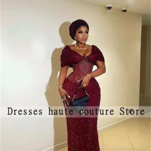 Aso ebi-Robe de Soirée Perlée Bordeaux, Tenue de Réception de Mariage Africain, Bal Formel, Tout Personnalisé, 2025 Aso ebi-Robe de Soirée Perlée Bordeaux, Tenue de Réception de Mariage Africain, Bal Formel, Tout Personnalisé, 2025