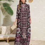 Miyake mode Style ethnique impression femmes robe plissée élastique ample à manches longues col montant Abaya arabie saoudite robes