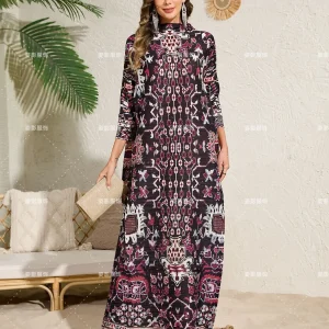 Miyake mode Style ethnique impression femmes robe plissée élastique ample à manches longues col montant Abaya arabie saoudite robes Miyake mode Style ethnique impression femmes robe plissée élastique ample à manches longues col montant Abaya arabie saoudite robes